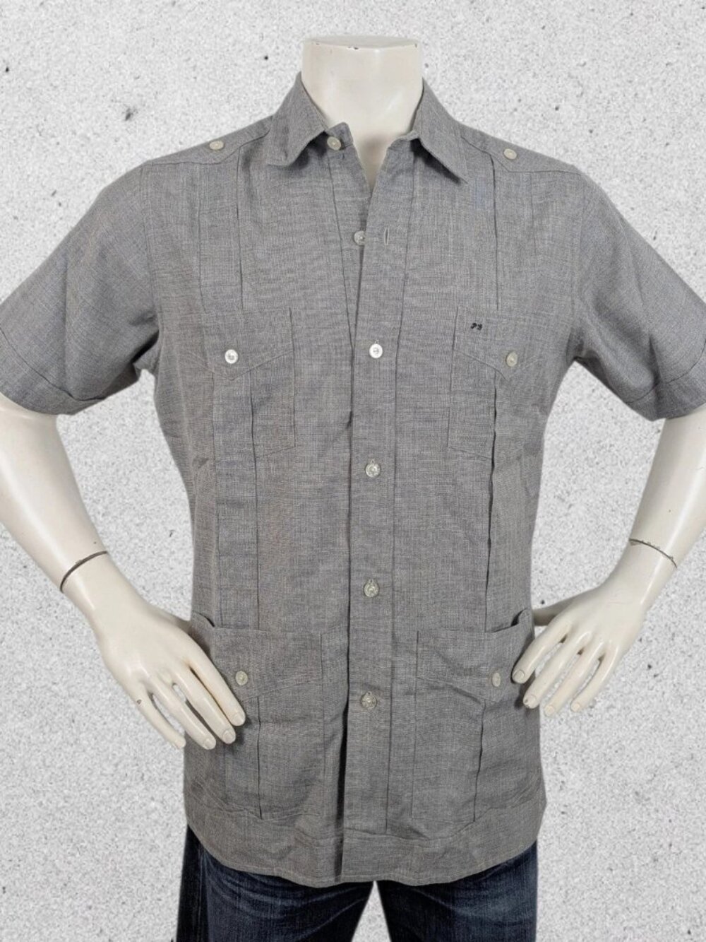 Vintage Ramon Puig Cuban Guayabera Shirt Large Size 4 Pocket Gray Grey